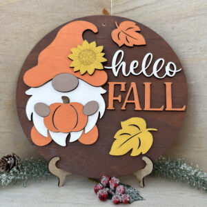 12″ Round ‘Hello Fall’ Sign with Gnome Accent